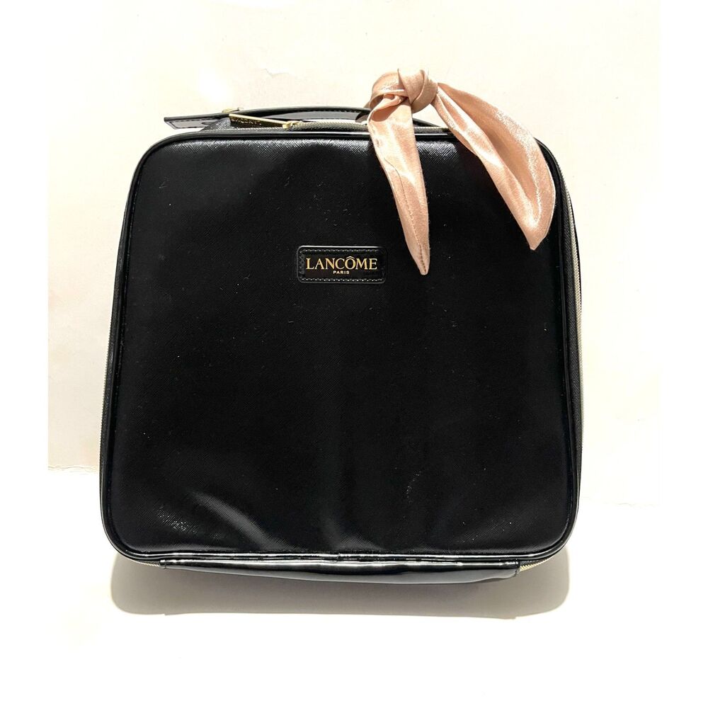 Lancome makeup case Paris large bag black gloss square cosmetic travel women